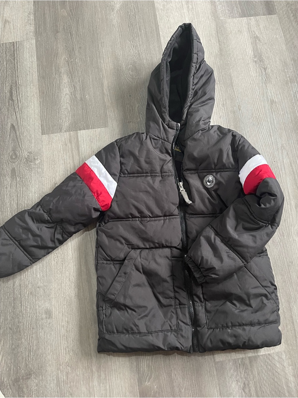 Kids Black Hooded Puffer Jacket with Red & White Sleeve Stripes